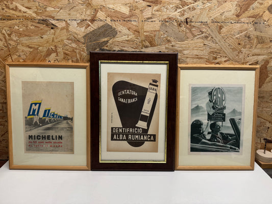 Set 3 pubblicità vintage incorniciate | AGIP, Michelin, Alba | Arredo retrò industriale